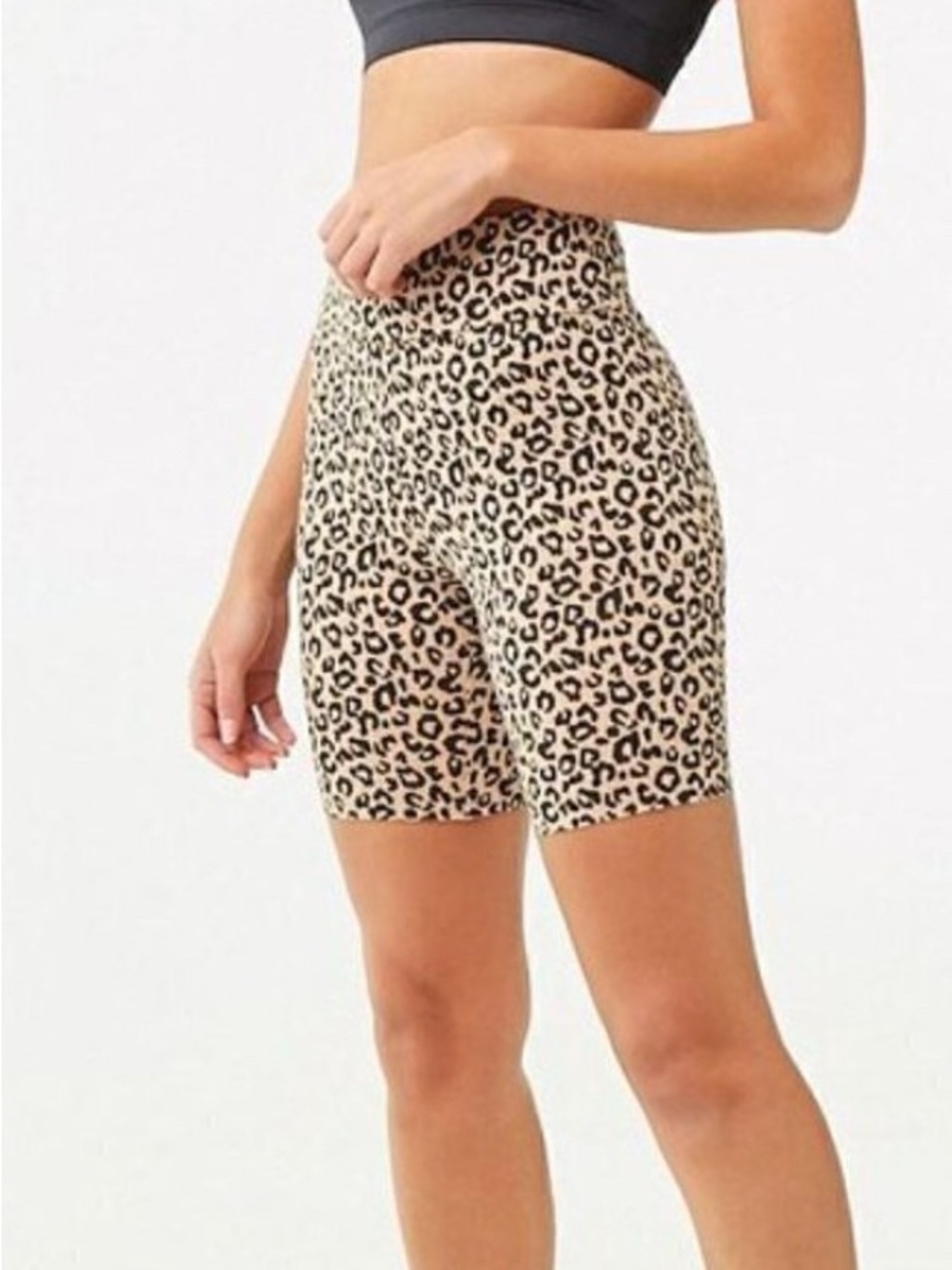 Forever 21 Leopard Print High-Rise Bike Shorts - Beige/Black